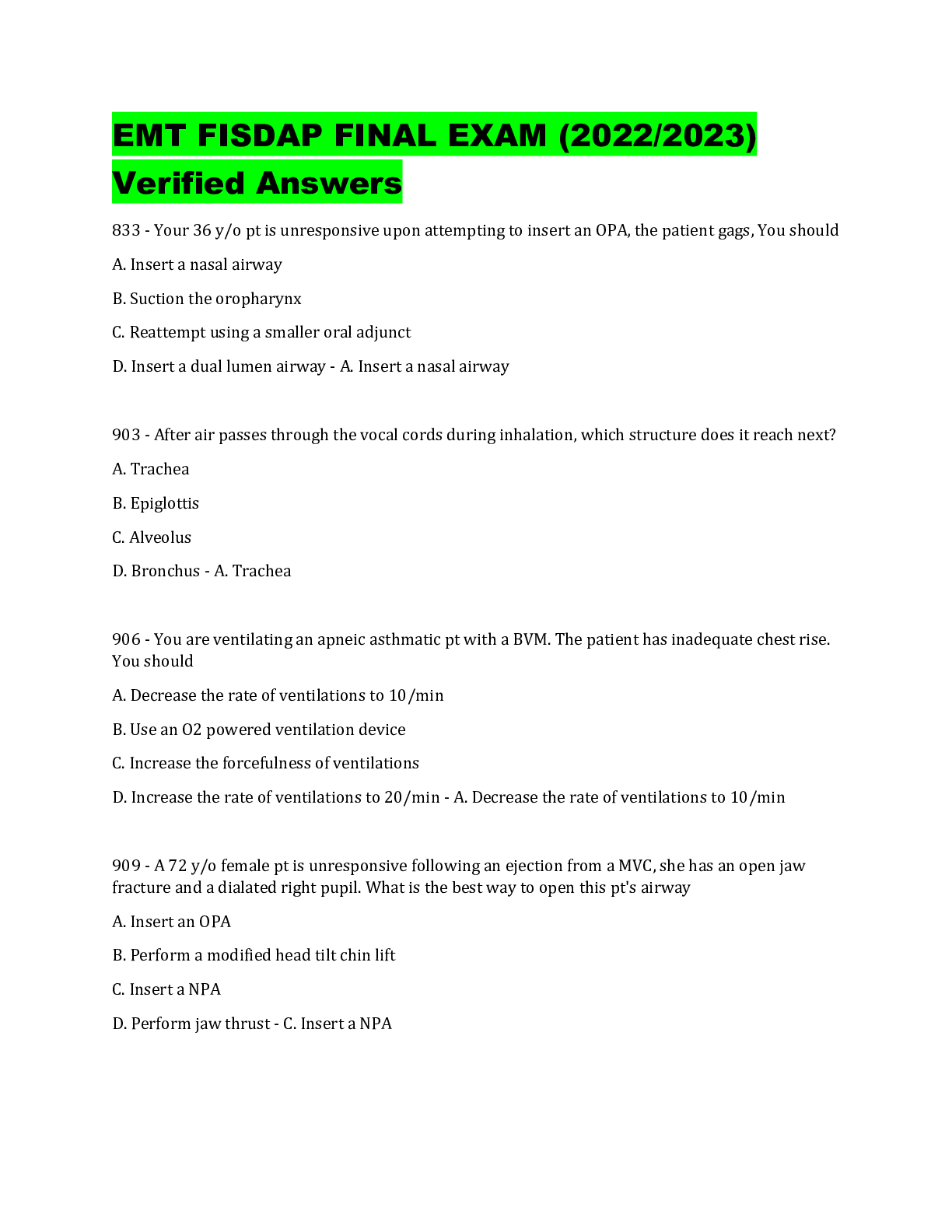 Preview image for EMT FISDAP FINAL EXAM (2022/2023) Verified Answers